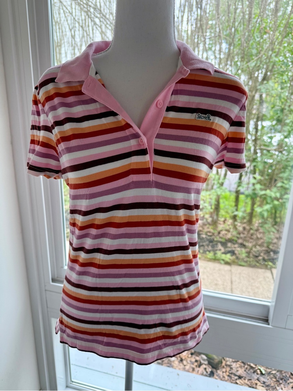 Le Tigre NWOT Y2K Striped Polo Top Pink Orange Brown Medium Stretch